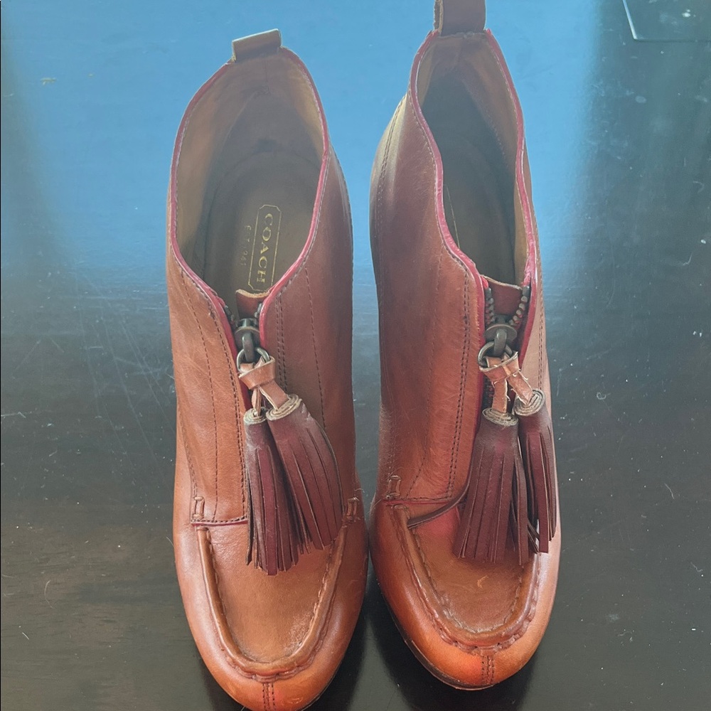 Coach Cary Tan Leather Ankle Booties with Tassels